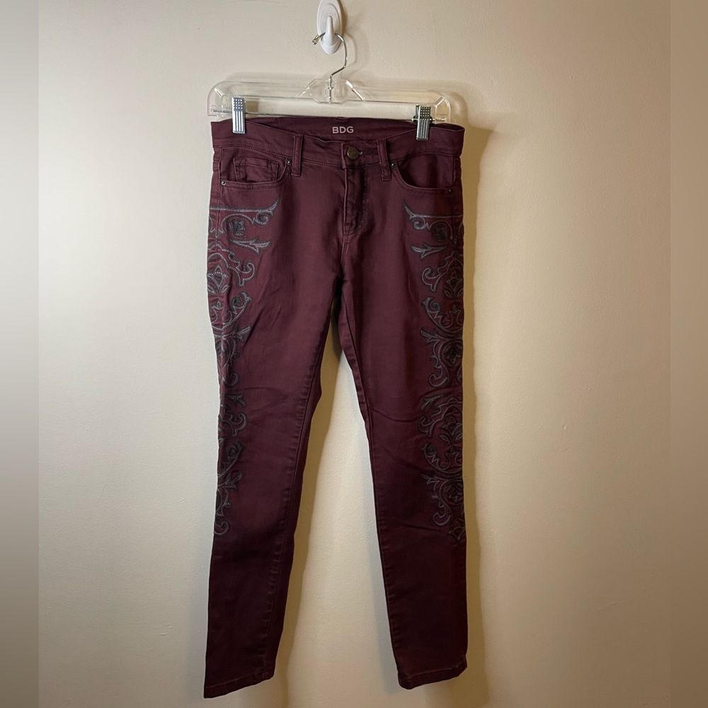BDG Urban Outfitters Burgundy Embroidered Mid Rise Twig Ankle Jeans